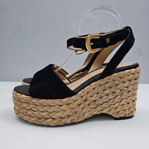 Sam Edelman April Wedge Espadrille Sandal Women 8.5 Black Suede Raffia Platform